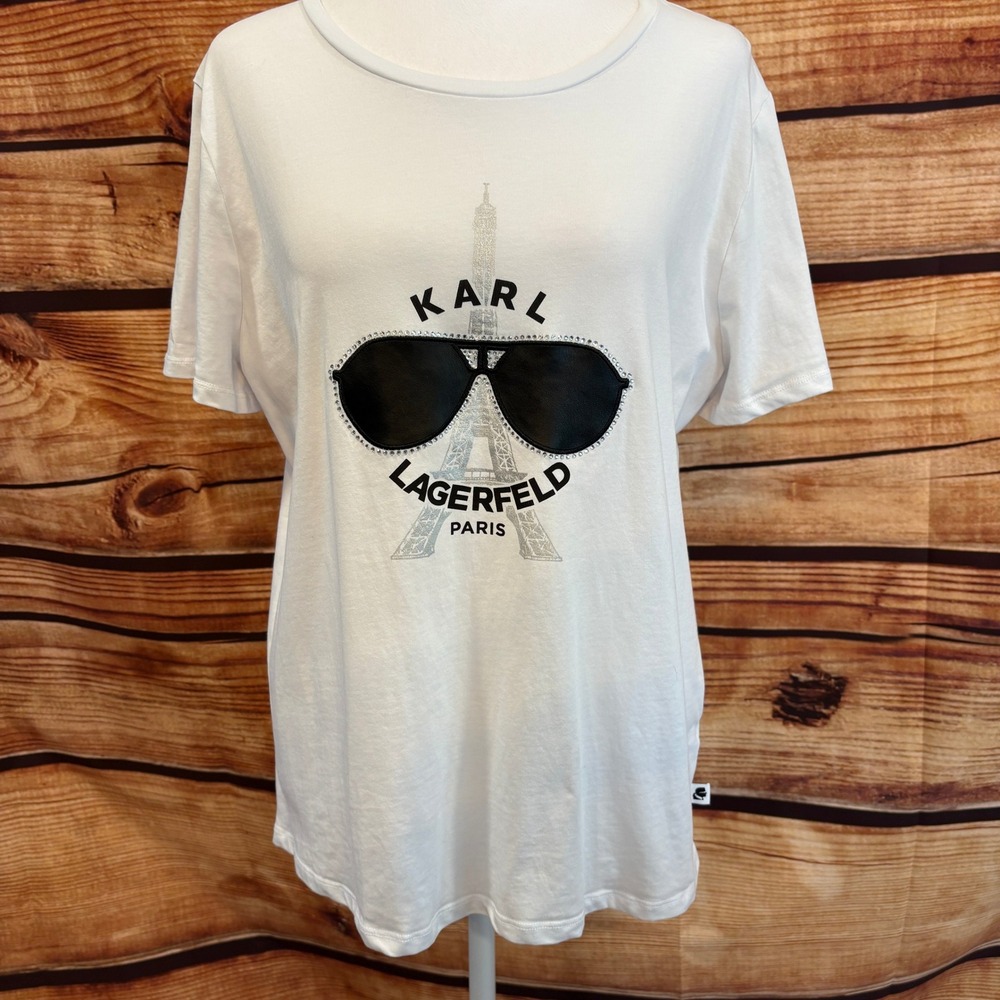 Karl Lagerfeld Unisex Short Sleeve White Large Logo Jeweled Graphic Tee Size L